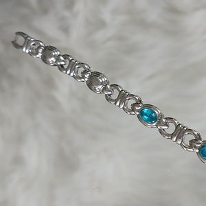 Silver toned oval aqua blue opal gem jewel bracelet